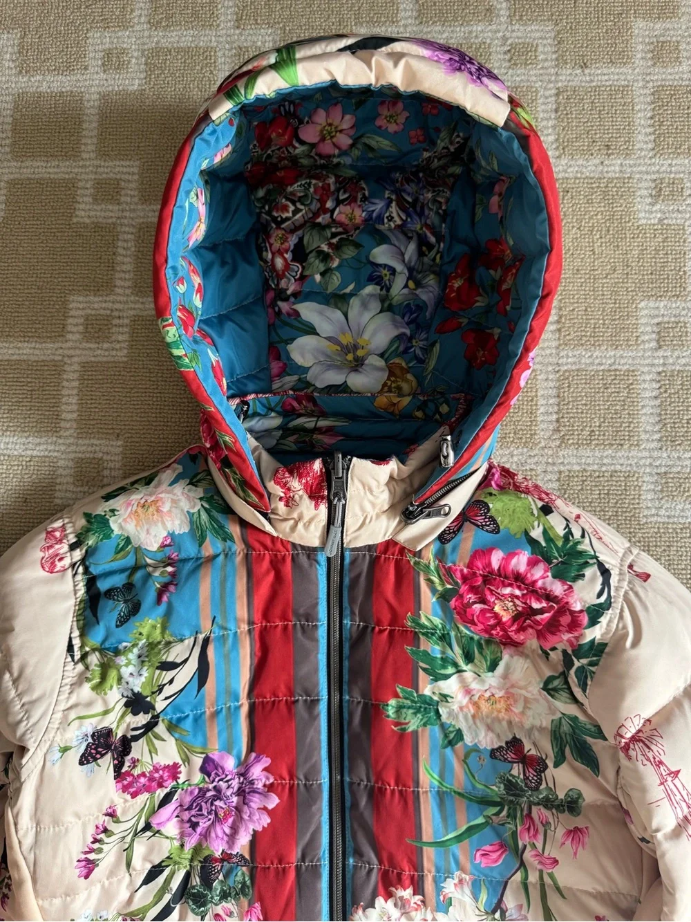 Johnny Was Santa Fe Reversible Down Puffer Parka Teal Multicolor Floral Large